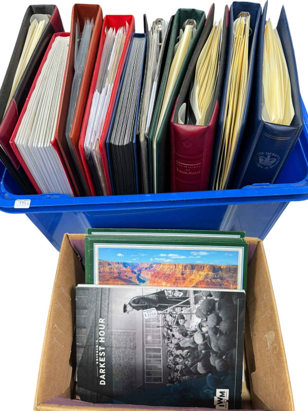 Two boxes of stamps, cigarette silks, commemorative coins, FDCs, etc.