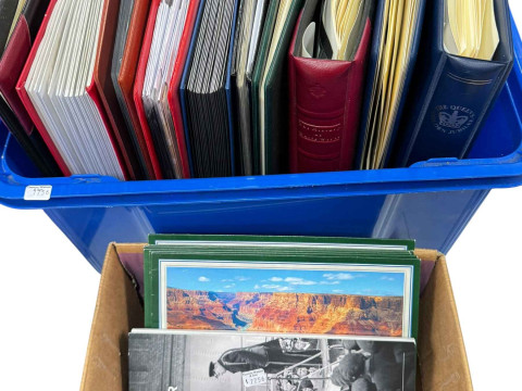 Two boxes of stamps, cigarette silks, commemorative coins, FDCs, etc.