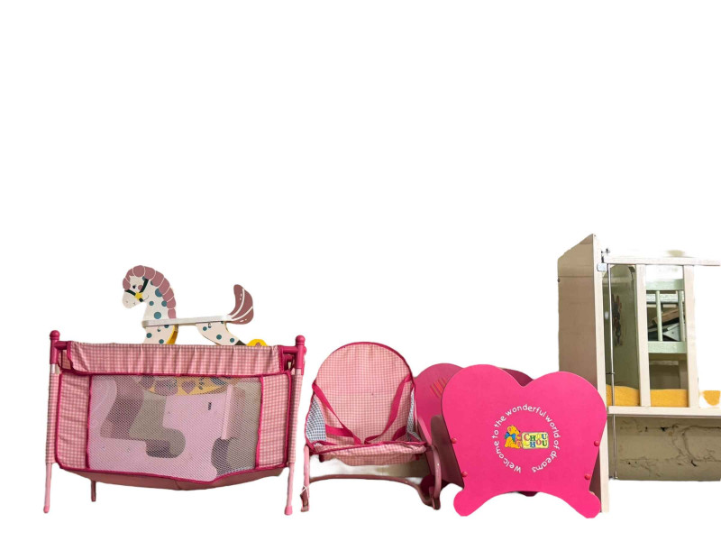 Dolls house, cribs, dolls house furniture, etc.