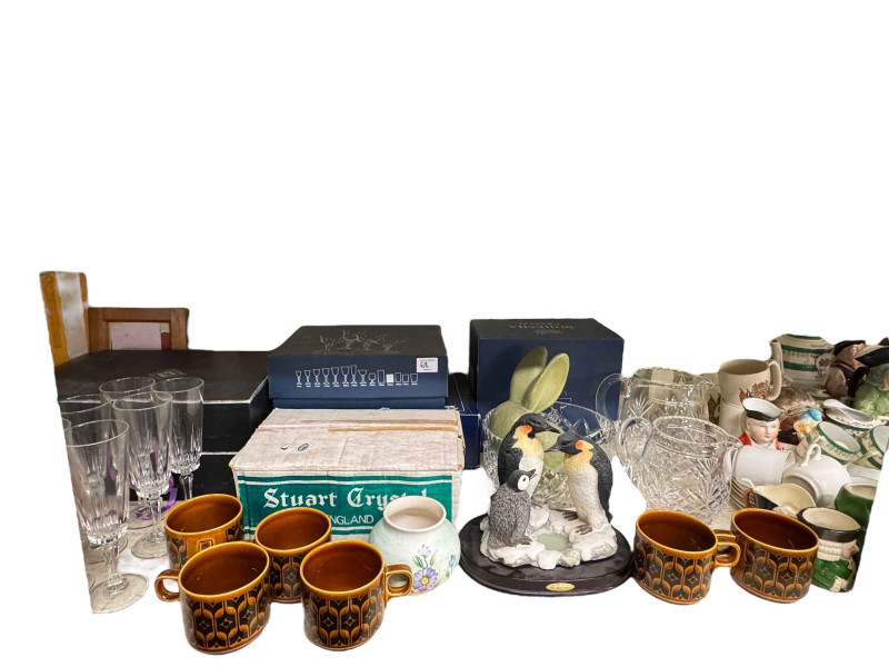 Collection of toby jugs, Indian Tree pottery, Hornsea, Stuart Crystal, furs, etc.