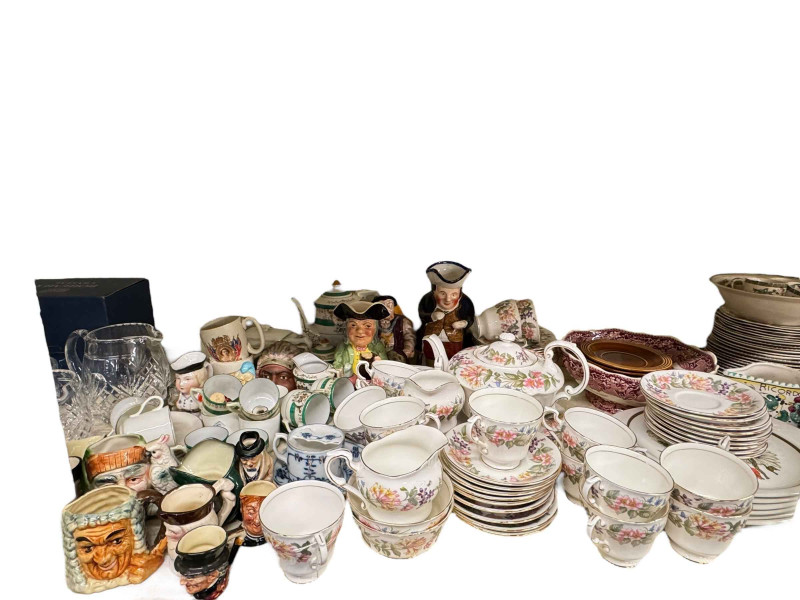 Collection of toby jugs, Indian Tree pottery, Hornsea, Stuart Crystal, furs, etc.