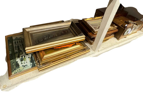 Inlaid mantel clock, carriage clocks, writing slope, framed paintings,...