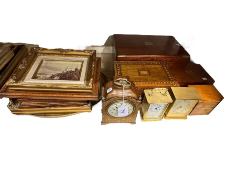 Inlaid mantel clock, carriage clocks, writing slope, framed paintings, etc. thumbnail
