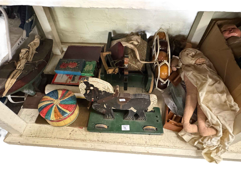 Collection of dolls, vintage toys, suitcases, table, etc.