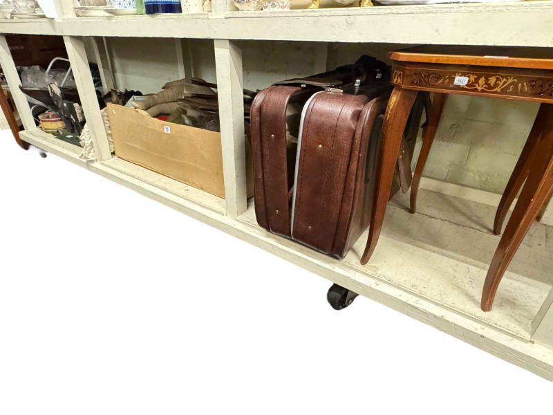 Collection of dolls, vintage toys, suitcases, table, etc.