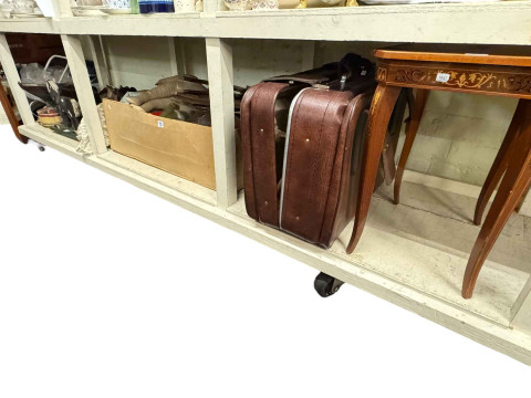 Collection of dolls, vintage toys, suitcases, table, etc.