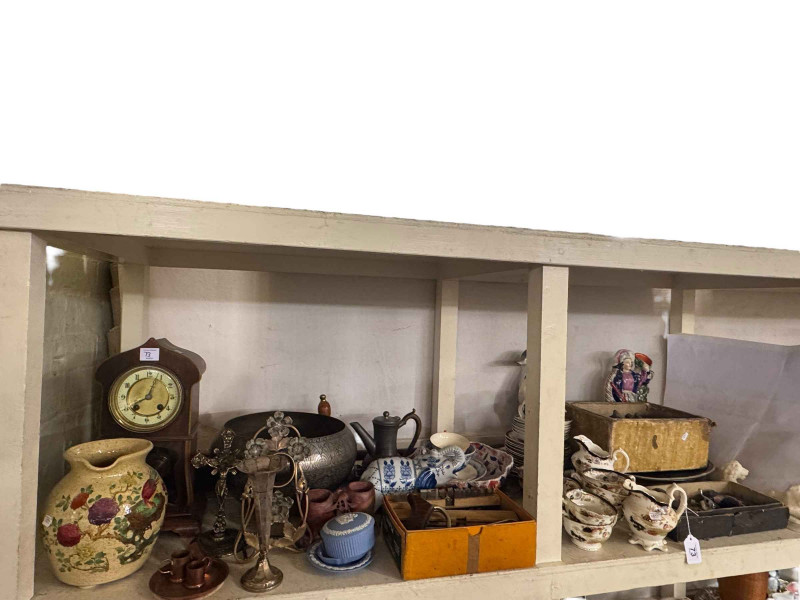 Silver posy holder, early porcelain, mantel clock, vintage plane, etc.