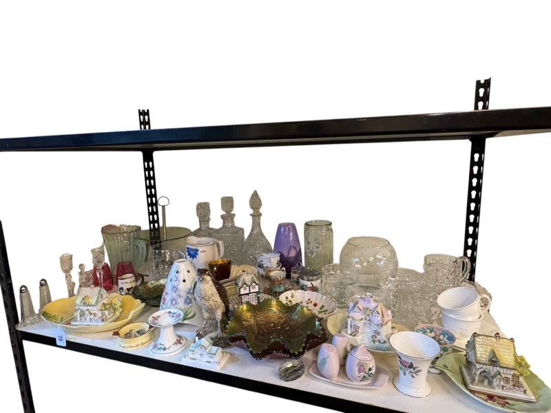 Collection of Coalport cottages, Carnival glass, Radford, decanters, etc.