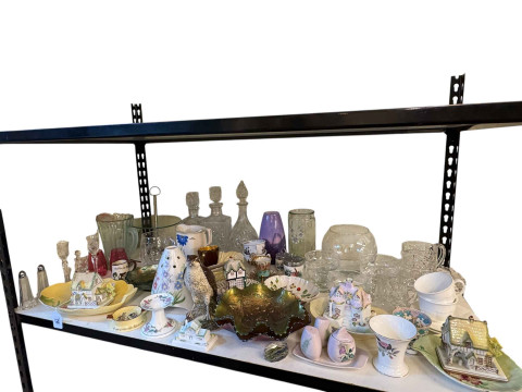 Collection of Coalport cottages, Carnival glass, Radford, decanters, etc.