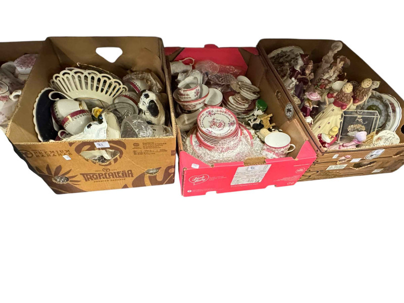 Six boxes of figurines, part tea wares, table lamps, etc.