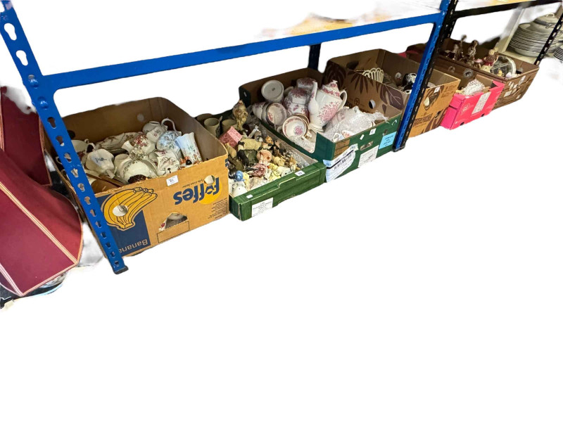 Six boxes of figurines, part tea wares, table lamps, etc.