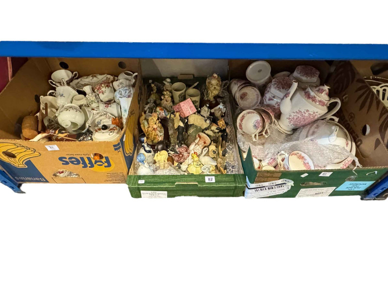 Six boxes of figurines, part tea wares, table lamps, etc.