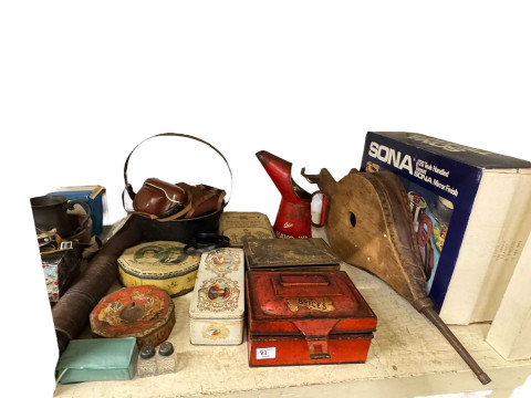 Collection of Victorian boxes, sewing memorabilia, inkwell, spice tin, cameras, metalwares, etc. thumbnail