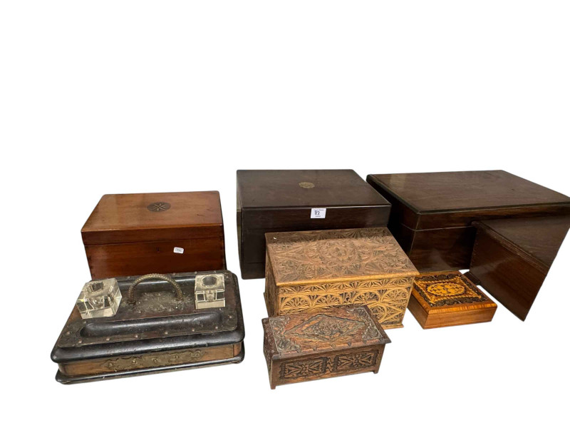 Collection of Victorian boxes, sewing memorabilia, inkwell, spice tin, cameras, metalwares, etc.