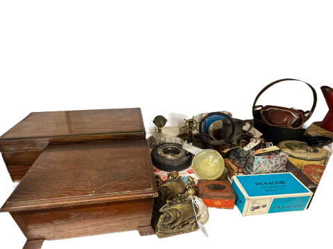 Collection of Victorian boxes, sewing memorabilia, inkwell, spice tin, cameras, metalwares, etc. thumbnail