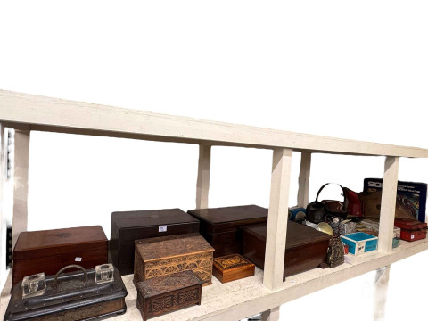 Collection of Victorian boxes, sewing memorabilia, inkwell, spice tin,...