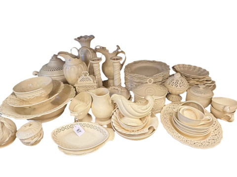 Collection of Royal Creamware including jugs, dinner plates, etc.