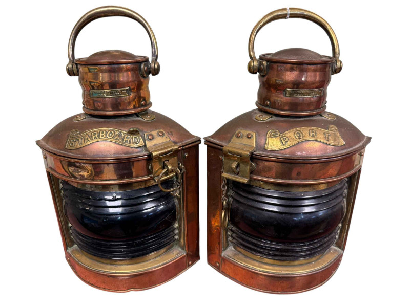 Pair of Port and Starboard brass and copper ships lamps by Summers & Payne Ltd, Southampton, 31cm high.