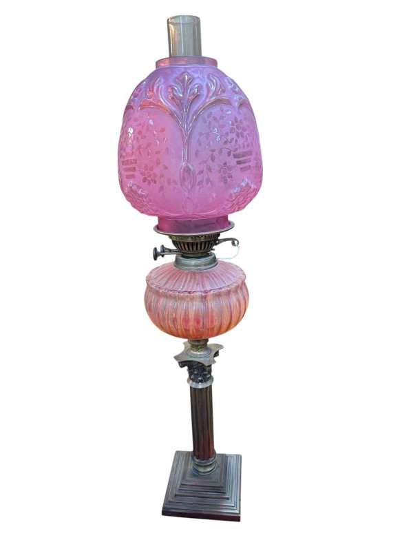 Victorian oil lamp with rose coloured reservoir and pink etched shade, 75cm high.