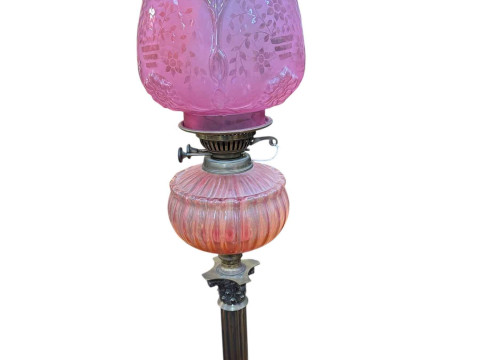 Victorian oil lamp with rose coloured reservoir and pink etched shade,...