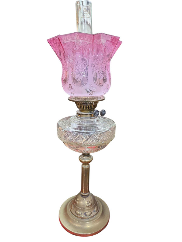Victorian oil lamp with pink etched shade, 70cm.