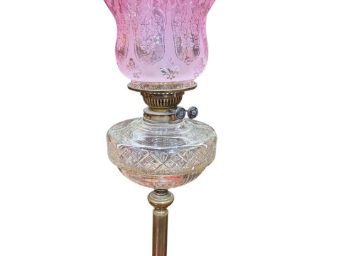 Victorian oil lamp with pink etched shade, 70cm.