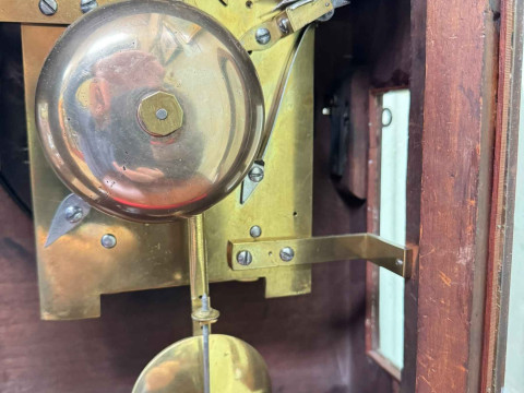 Victorian mahogany and brass inlaid fusee bracket clock with circular brass dial, 42cm high. thumbnail
