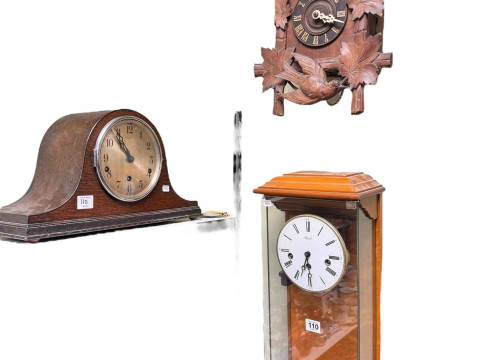 Cuckoo clock, wall clock and an oak mantel clock.