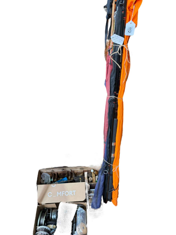 Collection of fishing rods, fishing reels, tackle, etc.