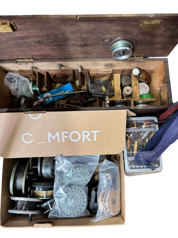 Collection of fishing rods, fishing reels, tackle, etc.