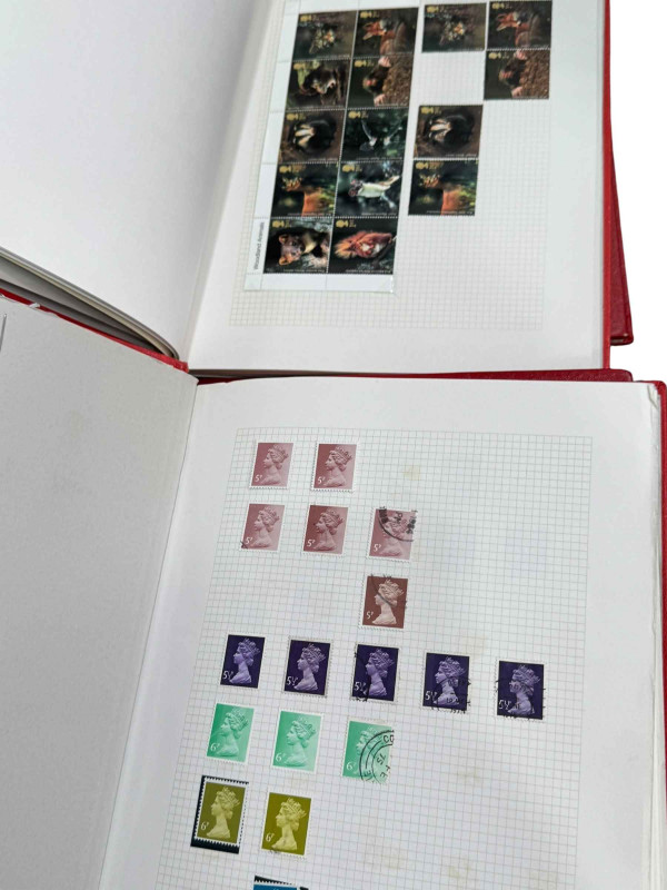 A good collection of GB stamp albums, housing Penny Black with a red Maltese Cross plate 'N.F.' various penny reds, miniature sheets, high value MNU face value stamps inc first and second class, etc.