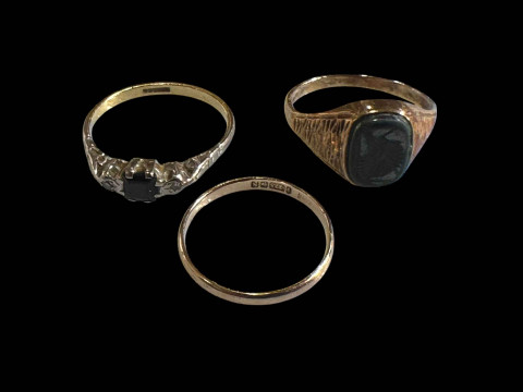 18 carat gold, sapphire and diamond ring, and two 9 carat gold rings (3).