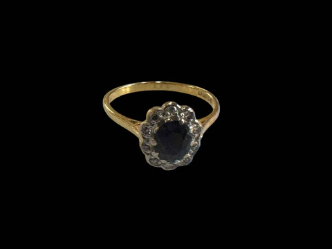 Sapphire and diamond 18 carat gold cluster ring, size L/M.