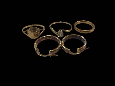 Three 9 carat gold rings (one gem set), and pair 9 carat gold earrings...