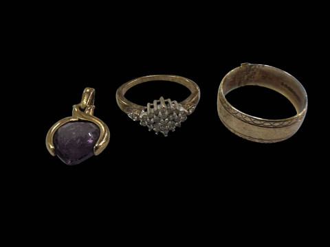 9 carat gold cluster ring, cut 9 carat gold band ring, and 9 carat gold...