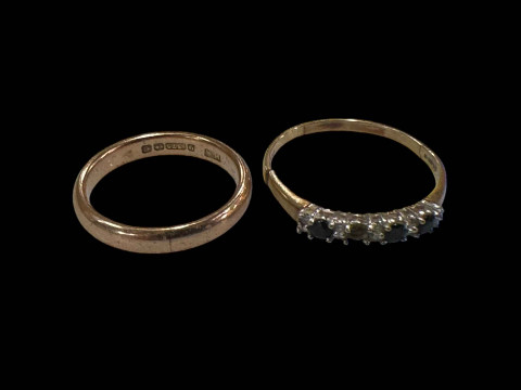 9 carat gold wedding band, and 9 carat gold gem set ring (incomplete)...