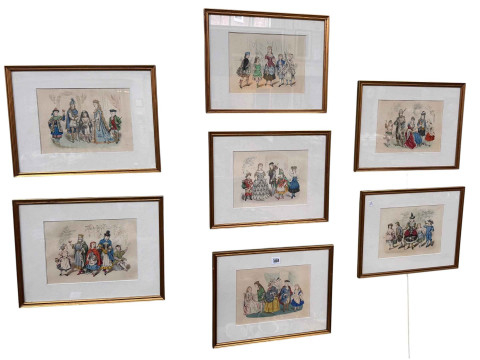 Set of seven hand coloured illustrations of figures in fancy ball costumes,...