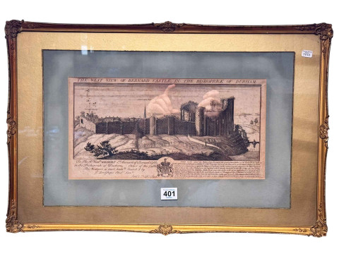 The West View of Barnard Castle, gilt framed print of an etching, 40cm...