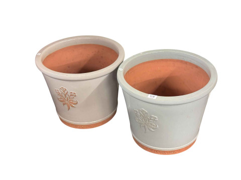 Six glazed terracotta pottery garden planters, three pairs, largest 33cm...