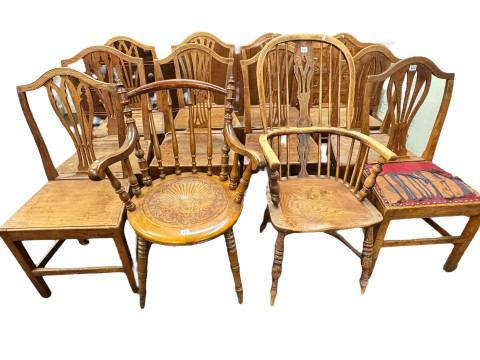 Ten various antique Chippendale style Country dining chairs, antique Windsor...