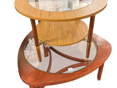 Mid Century Nathan teak inset glass shaped top coffee table and circular...