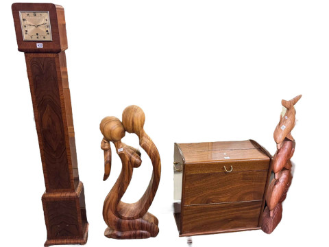 1930's walnut grandmother clock, portable drinks cabinet, magazine rack...