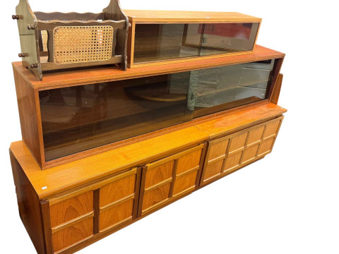 Two mid Century teak sliding door wall cabinets, pair Nathan teak low...