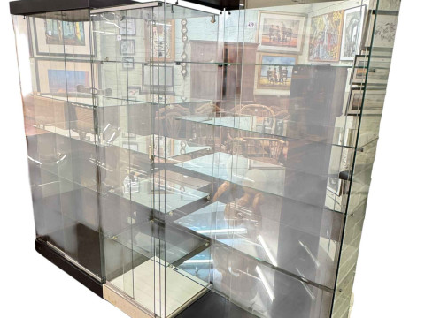 Three portable sliding glazed door island display cabinets including pair...