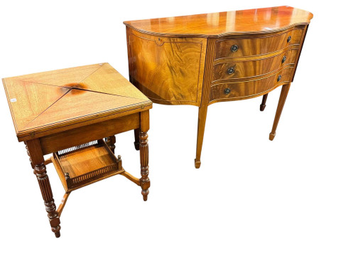 Mahogany and ebony line inlaid shaped bow front three drawer sideboard,...