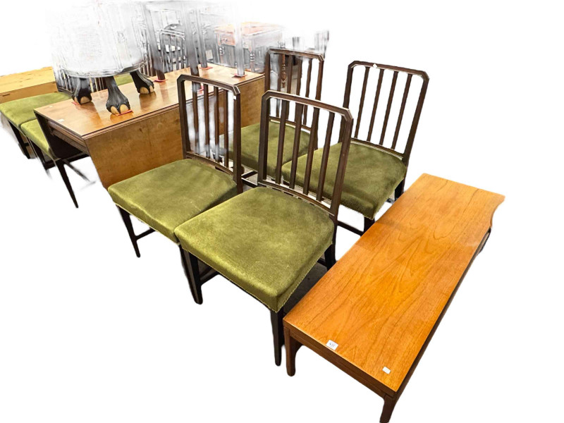 Victorian mahogany drop leaf dining table, set of eight Georgian mahogany dining chairs and rectangular teak coffee table (10).