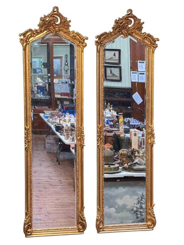 Pair rectangular arched top bevelled wall mirrors, 176cm by 52cm.