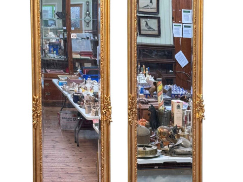 Pair rectangular arched top bevelled wall mirrors, 176cm by 52cm.