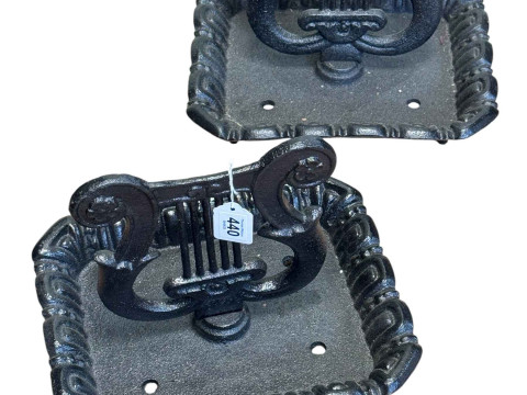 Pair cast iron lyre boot scrapers.