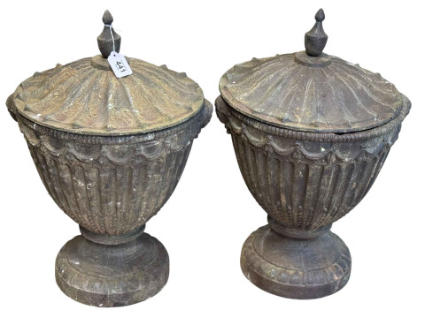 Pair cast iron Adams style lidded pedestal urns, 55cm by 36cm diameter.